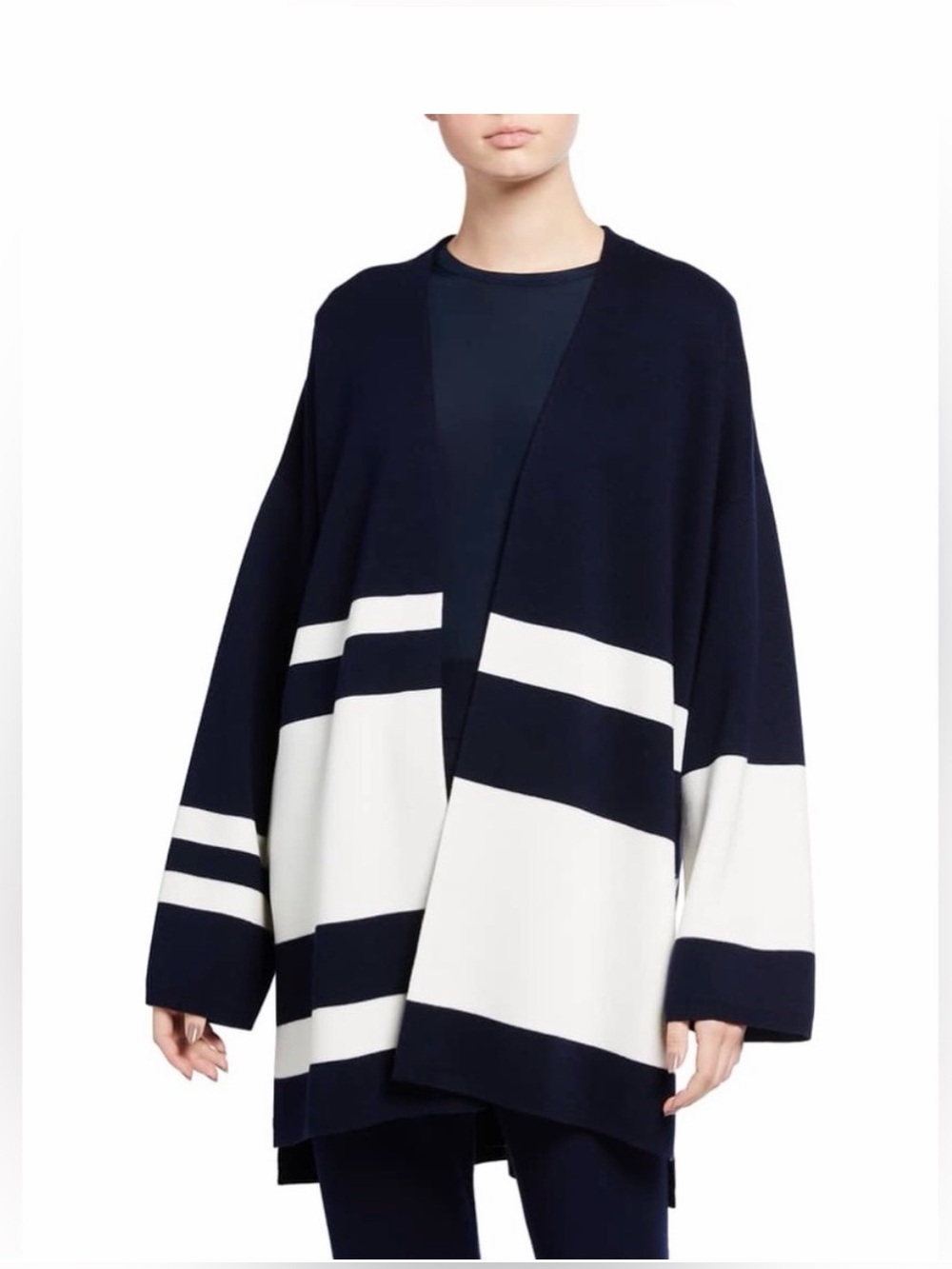 St. John Navy Ivory Wool Silk Blend Open Front Cardigan Sweater Large
